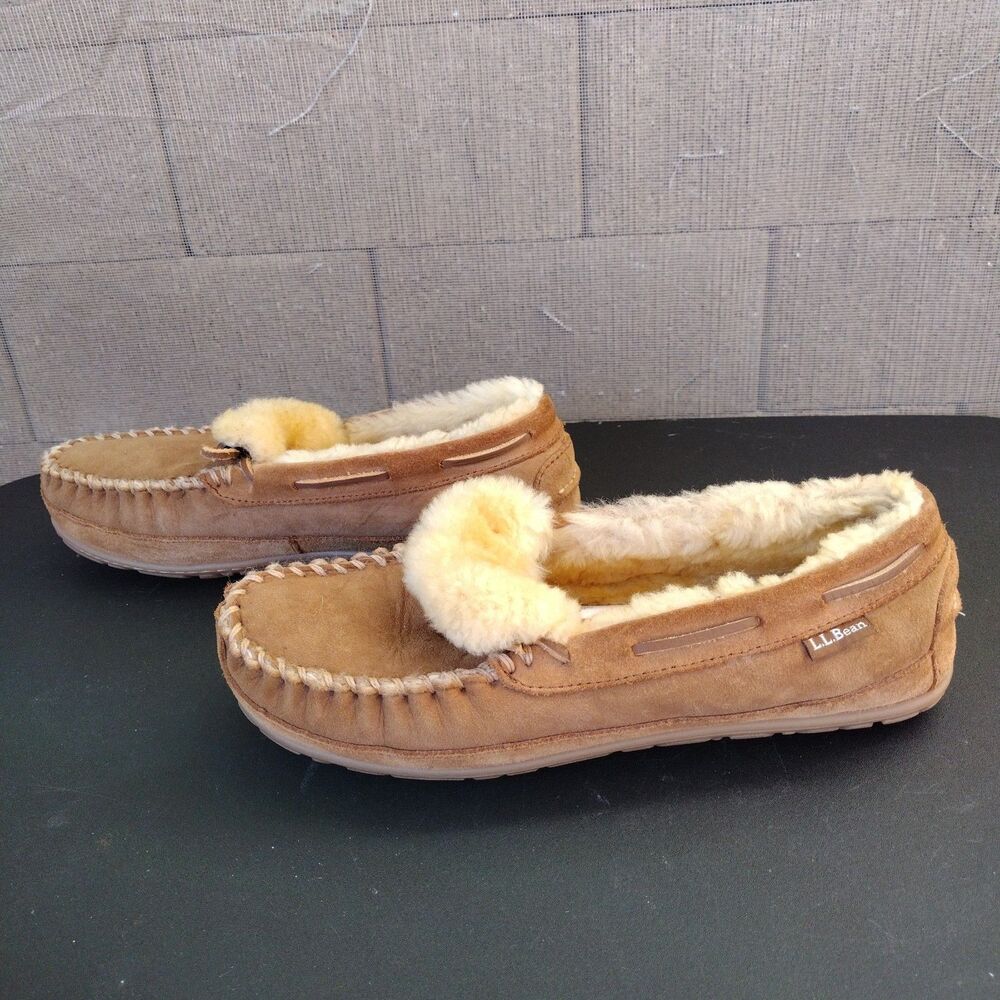 LL Bean Wicked Good Moccasins Suede Slippers Lamb Shearling Lined Men's Size 9M